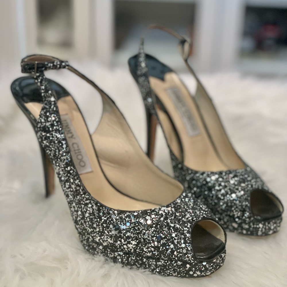 Jimmy Choo Slingback Black/Silver Glitter Heels Size 8
